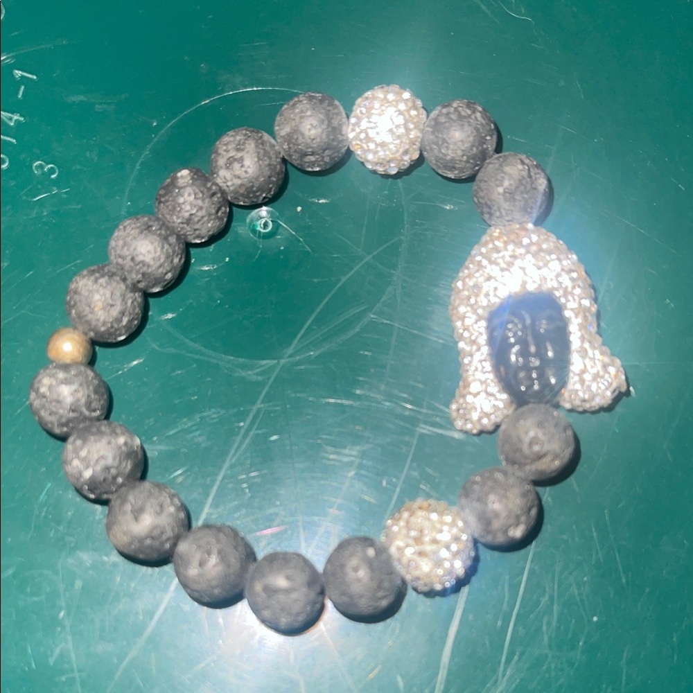 Black and Silver Beaded Lava Rock Buddha Bracelet